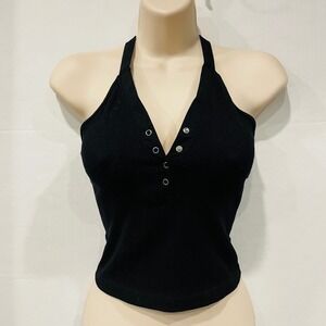 Ododos Black Halter Top XS/S Button Down Ribbed‎ Sleeveless Tank Top